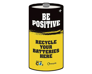 Picture of black and white battery with the words: 'Be positive: recycle your batteries here'