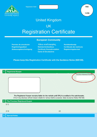 The UK Registration Certificate (V5C) has a Document Reference Number in the middle on the right hand side